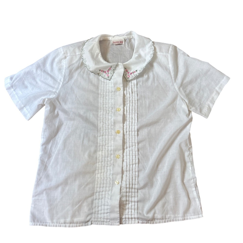 Lauren Lee Blouse Women White Floral Embroidered Peter Pan Collar SIZE 10